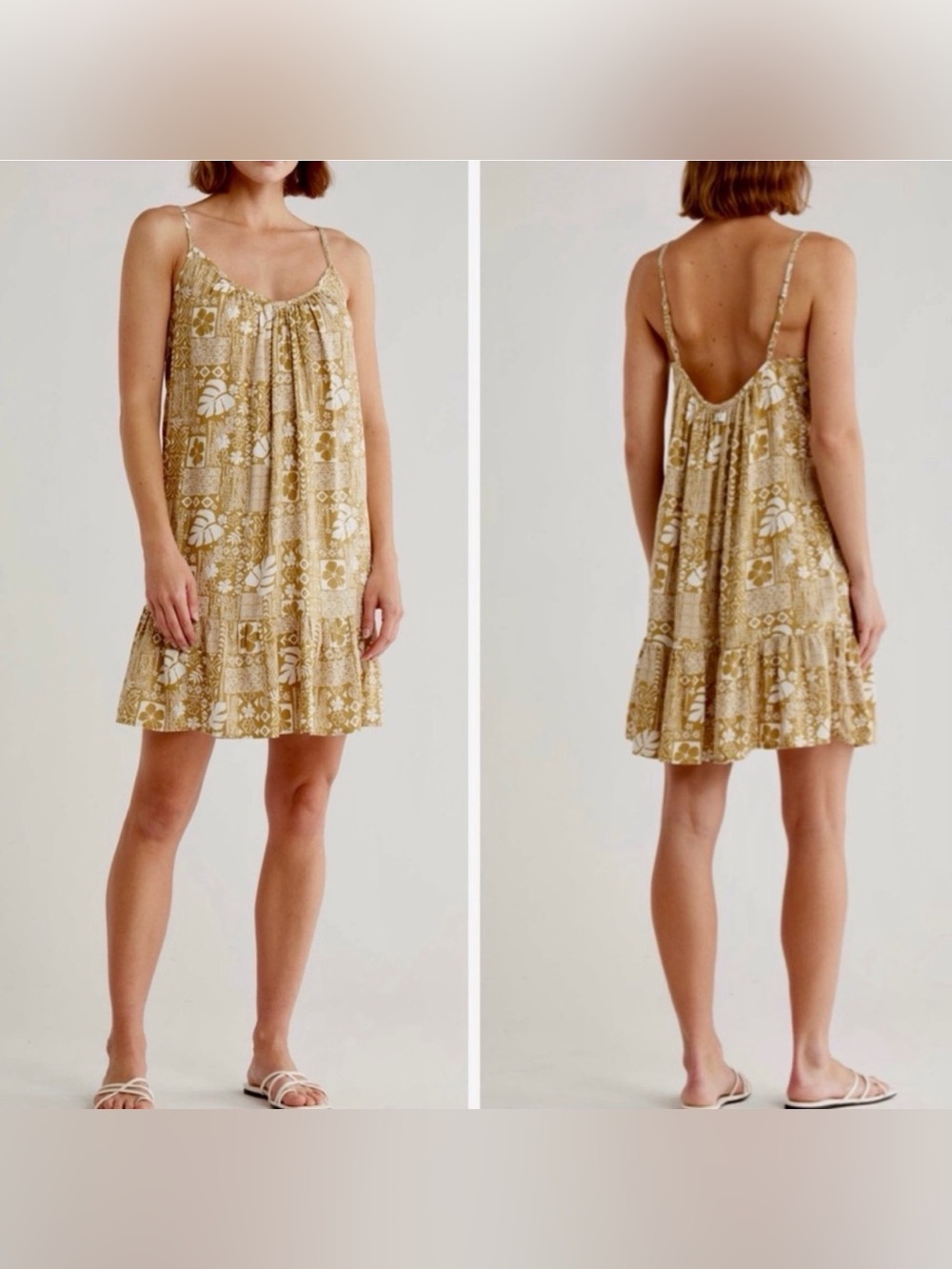 Billabong‎ Sunny Daze Mini Dress Tan White Tropical Floral NWT 24B1302400 Size S